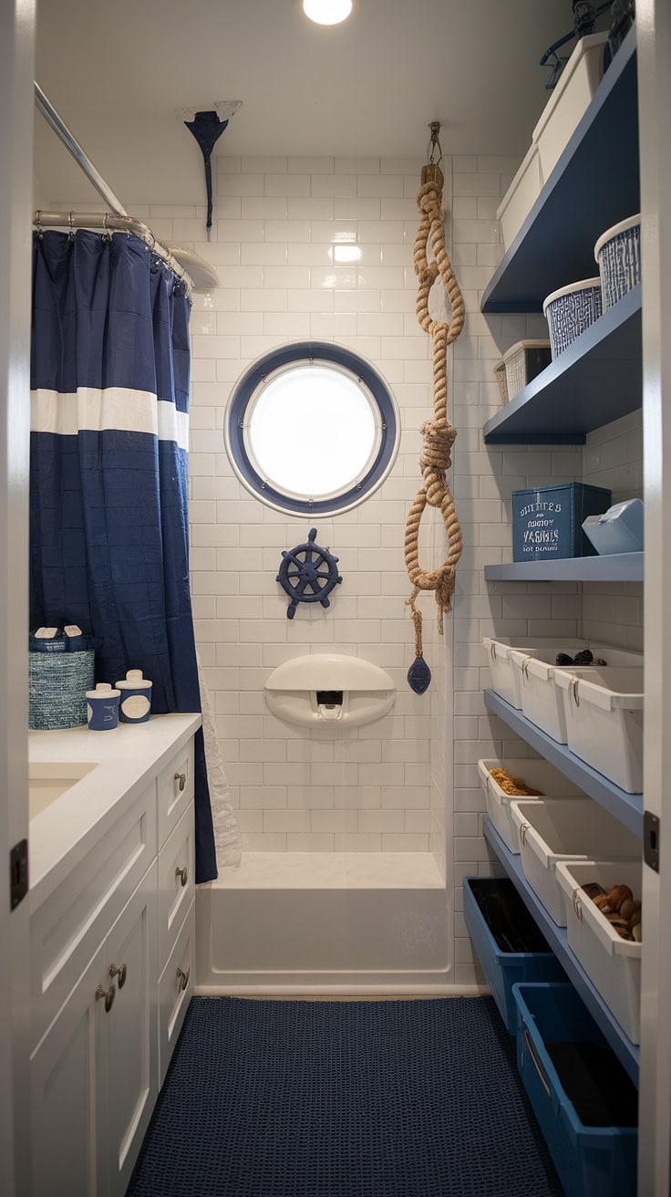 Nautical bathroom pantry with practical shelving