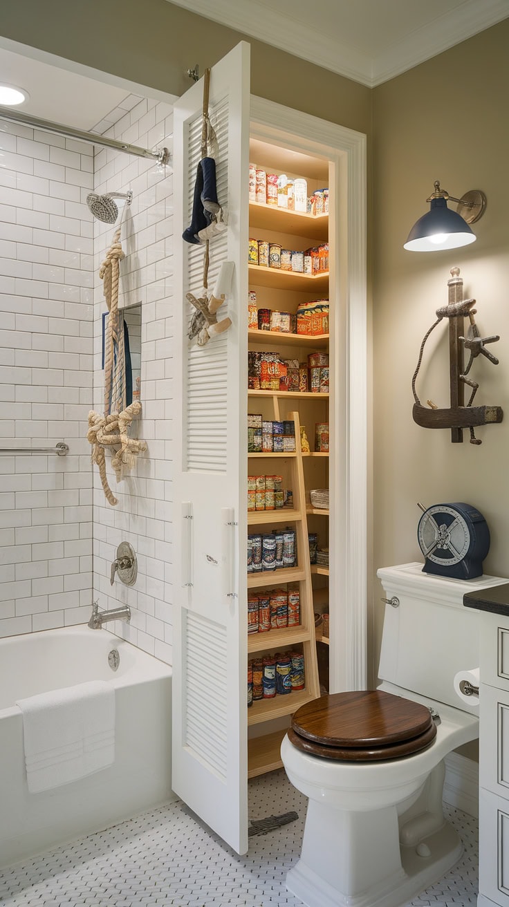 Hidden pantry accessed by ladder in bathroom
