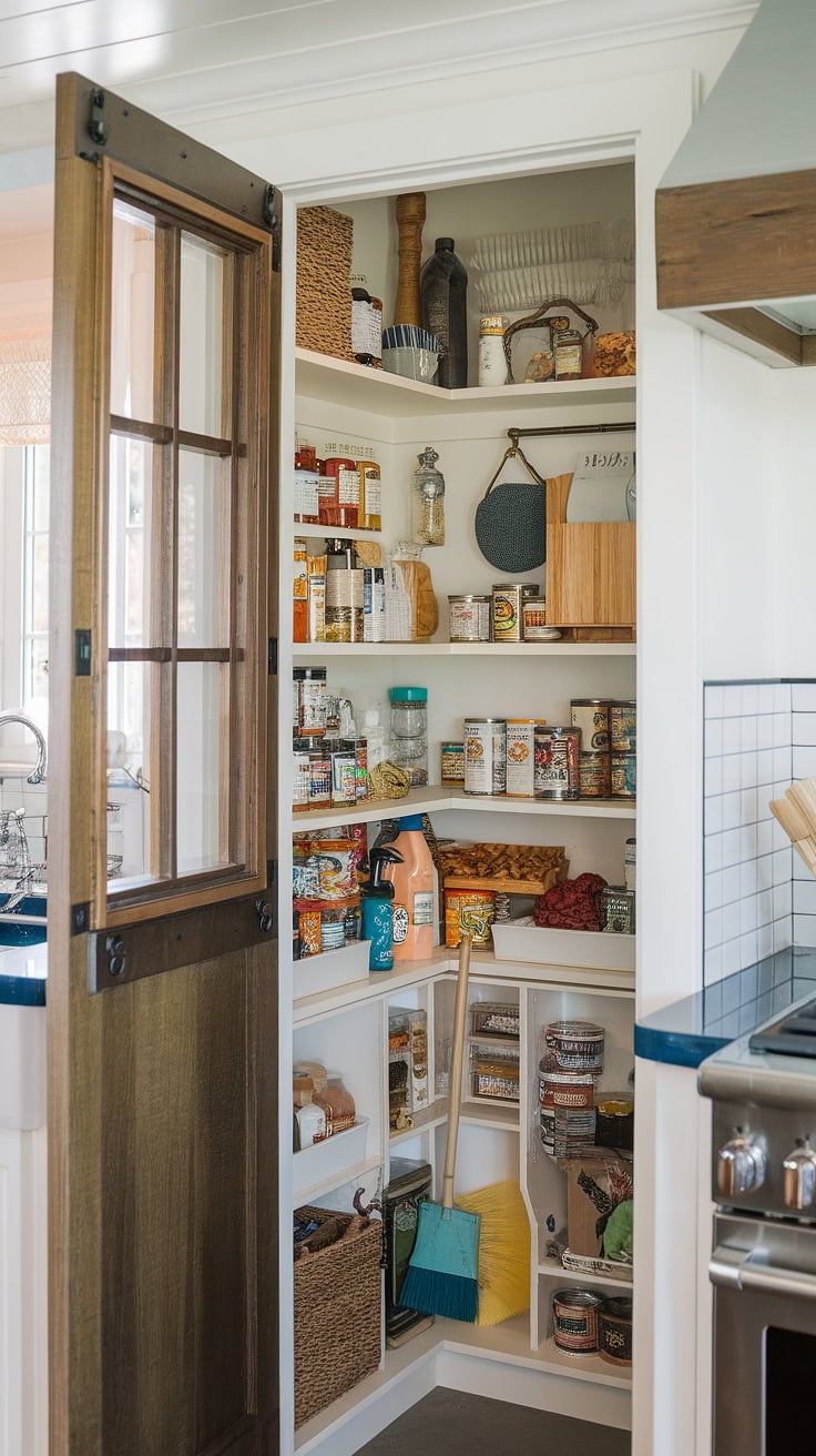 Hidden walk-in pantry behind wooden door