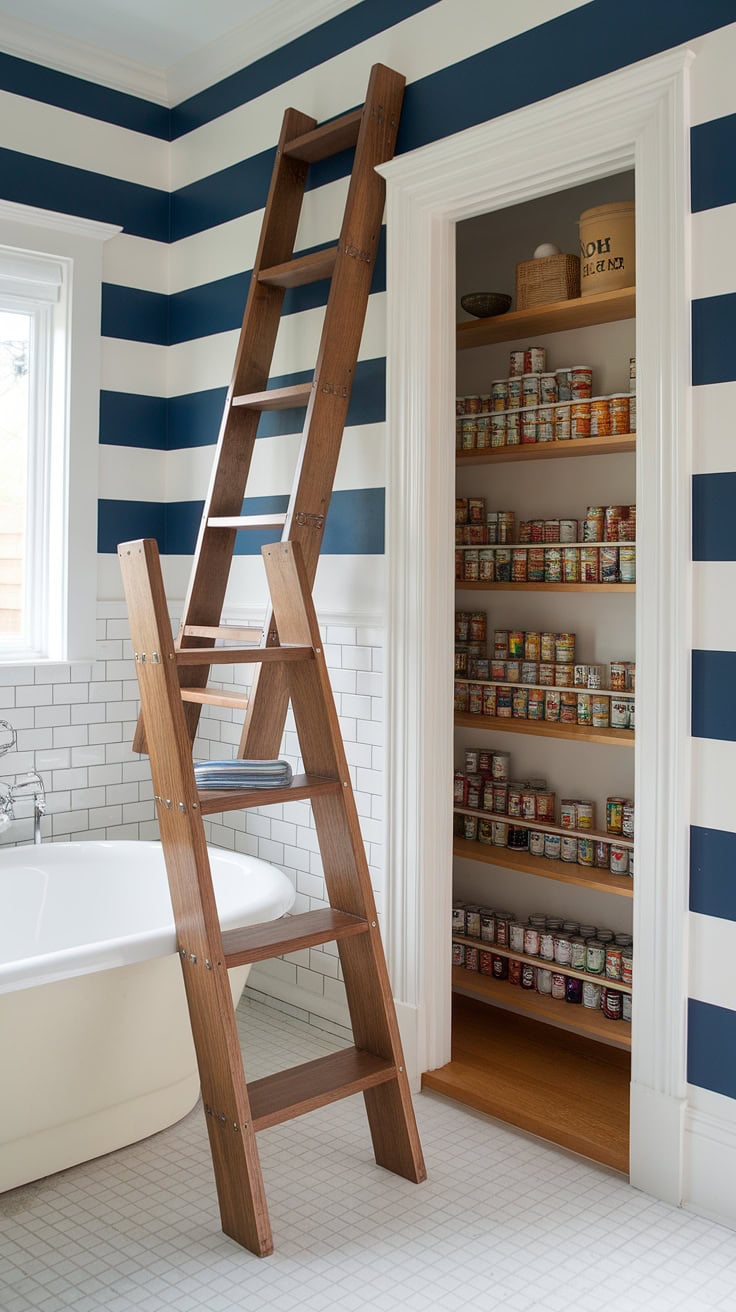 Bathroom with rustic ladder accessing hidden pantry