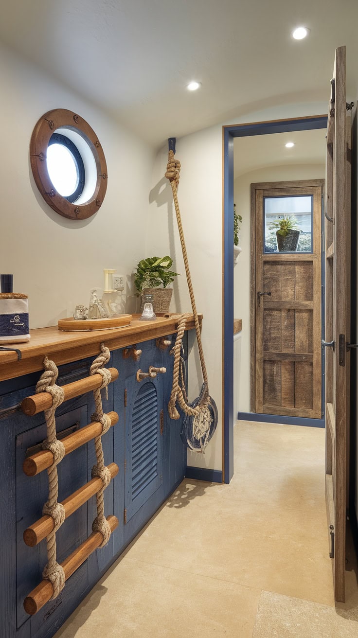 Nautical bathroom with pantry-inspired storage and rope details