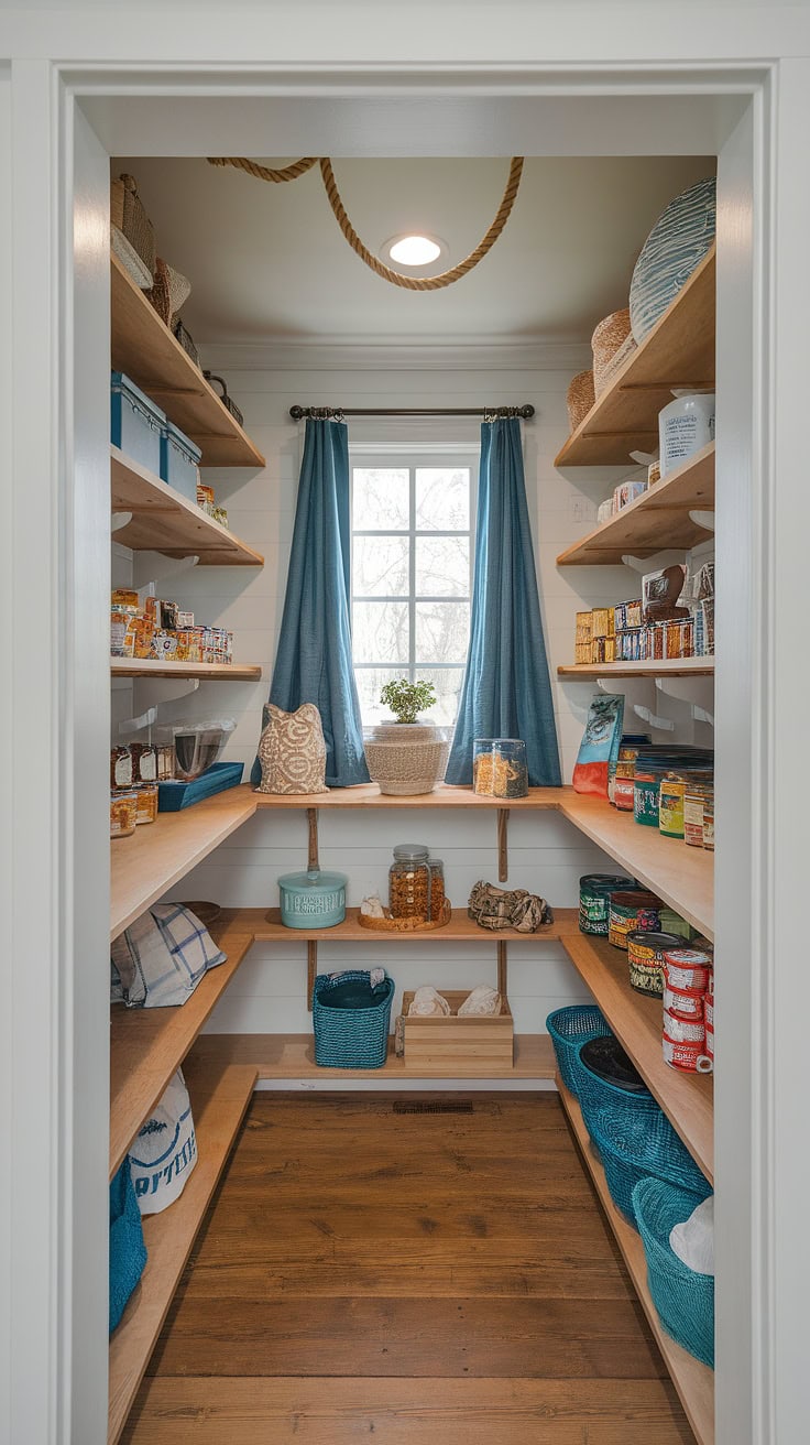 Nautical-themed pantry with rope lighting
