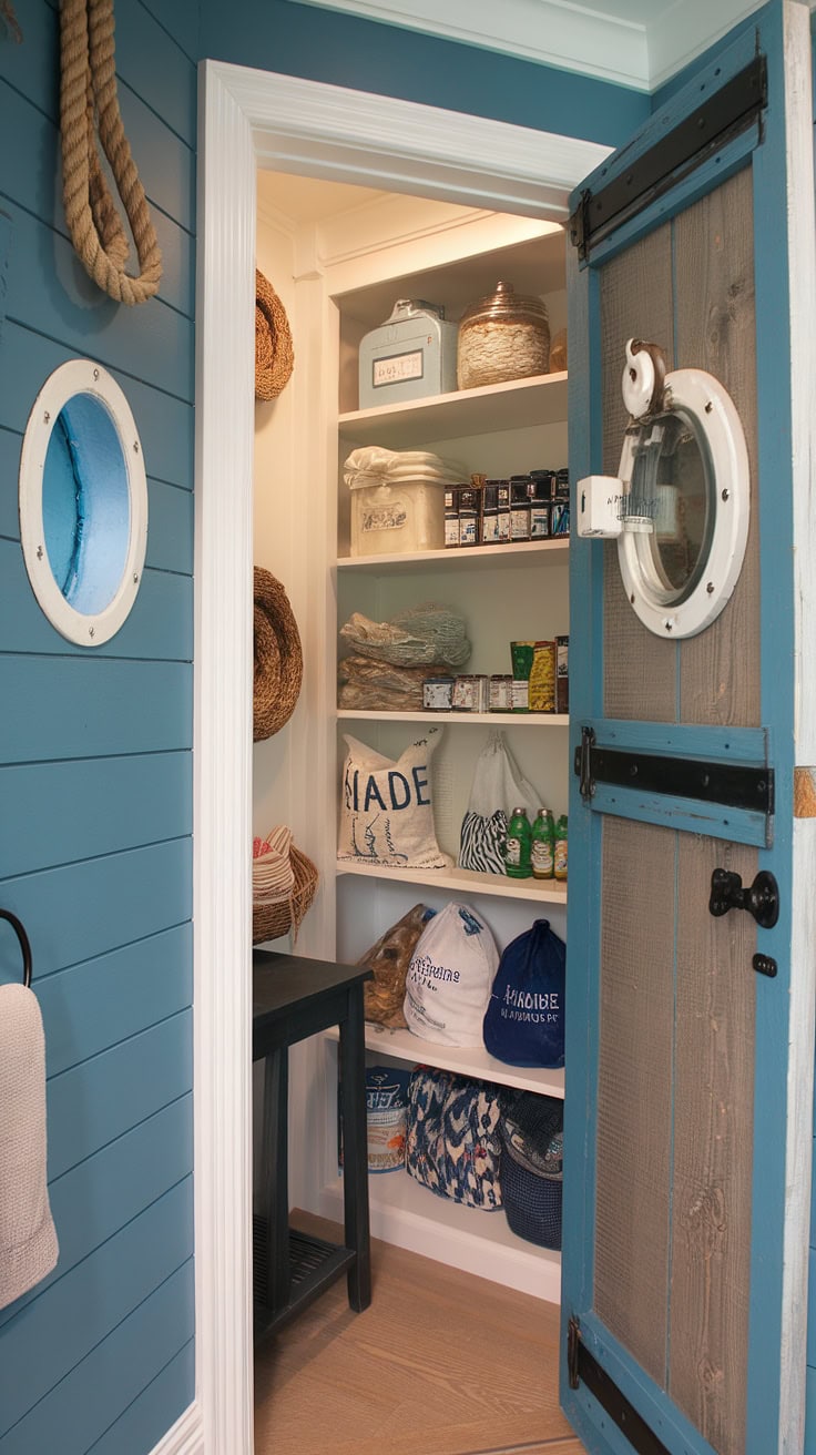 Nautical pantry with blue walls and porthole window