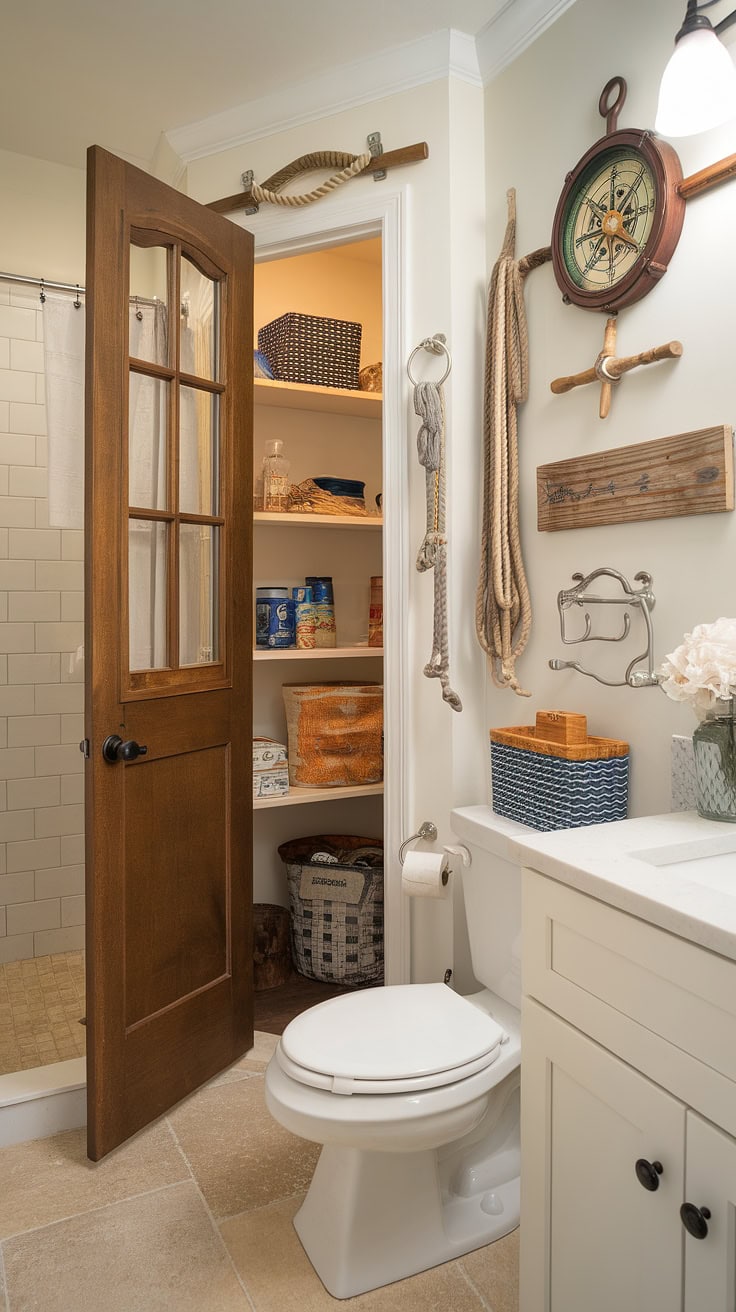 Bathroom with wooden pantry door and nautical decor