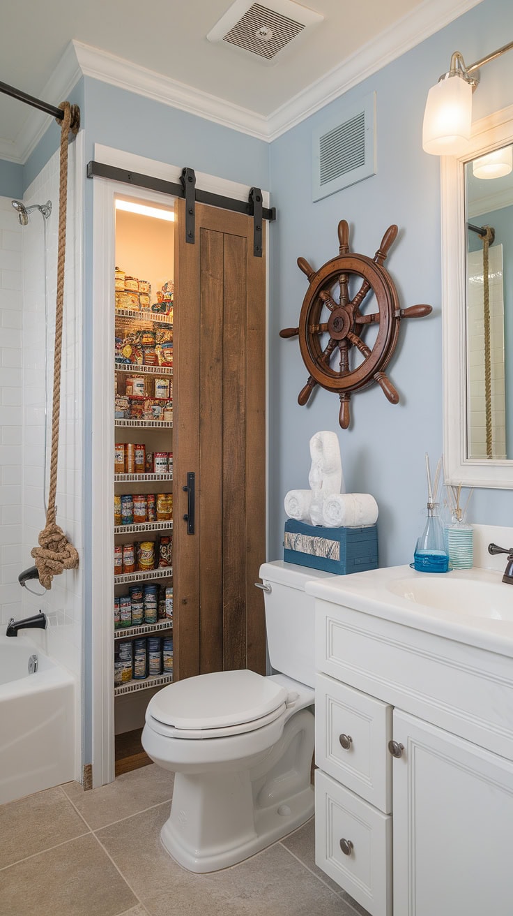 Light blue nautical bathroom with hidden pantry