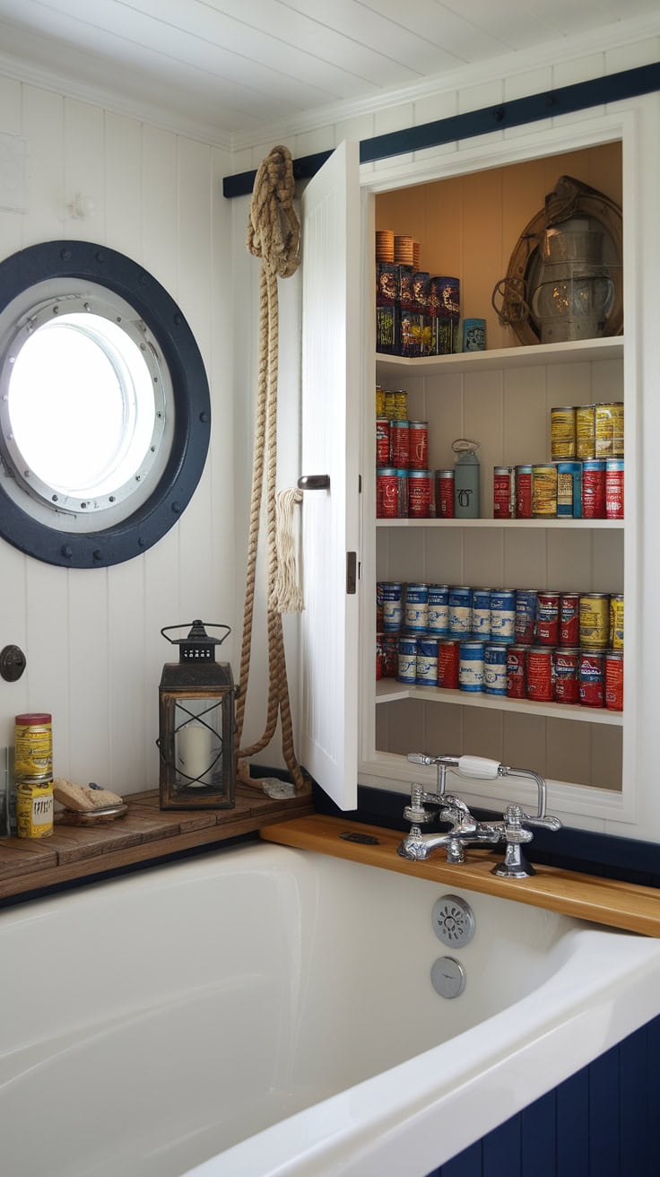 Bathroom with rustic shelf pantry and nautical décor