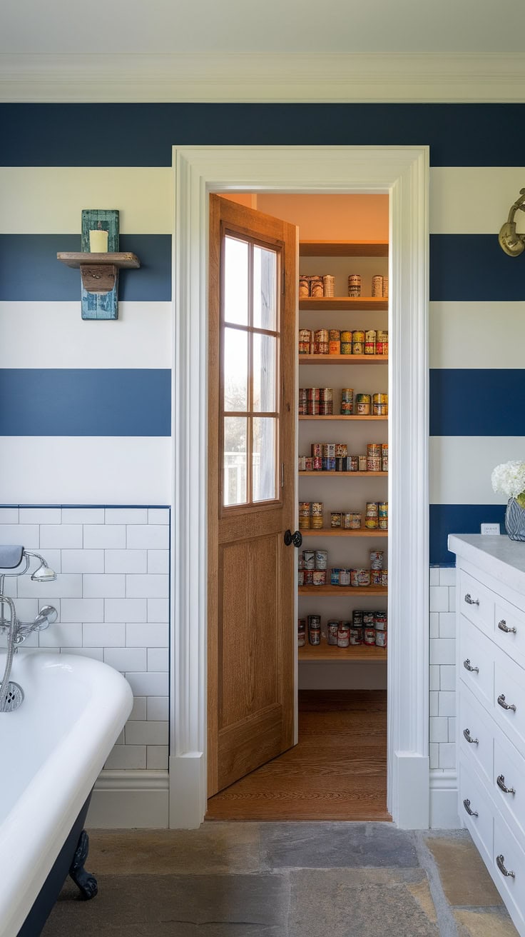 Bathroom with hidden pantry behind nautical door
