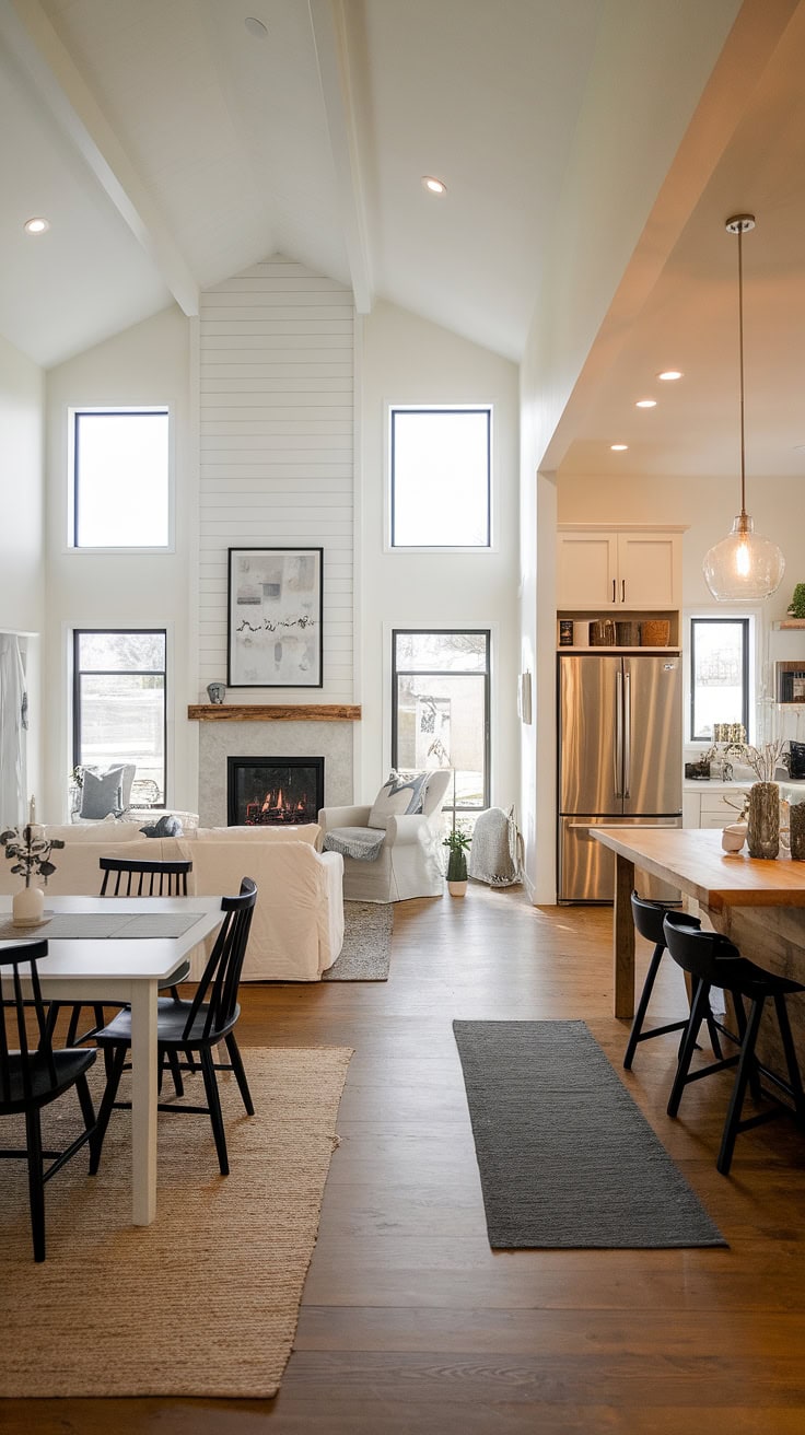 Minimalist modern farmhouse with fireplace, open floor plan