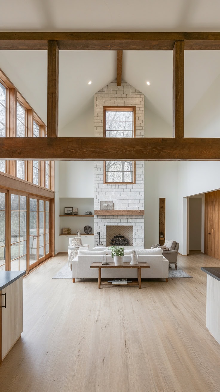Open floor plan farmhouse with stone fireplace and wood accents