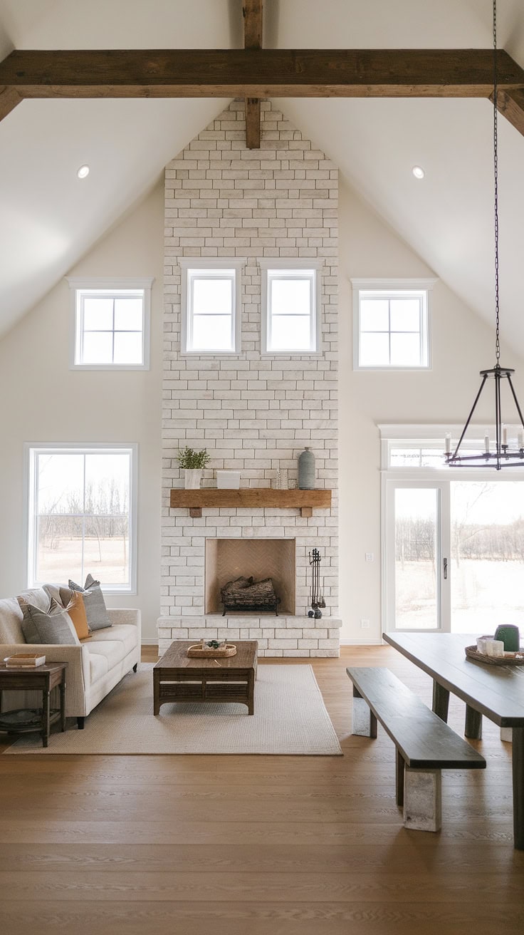 Minimalist decor with fireplace in farmhouse living area