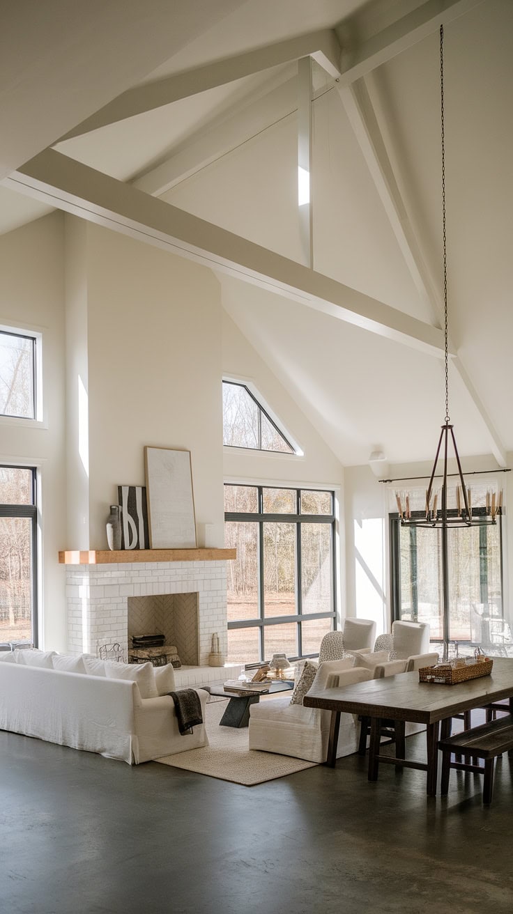 Vaulted ceiling and fireplace in bright open living space