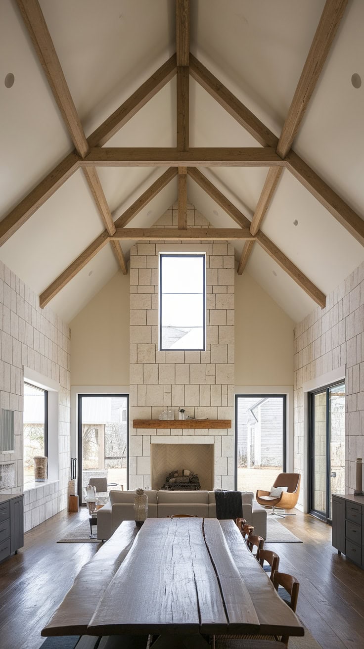 Vaulted ceilings and stone fireplace in cozy farmhouse living room