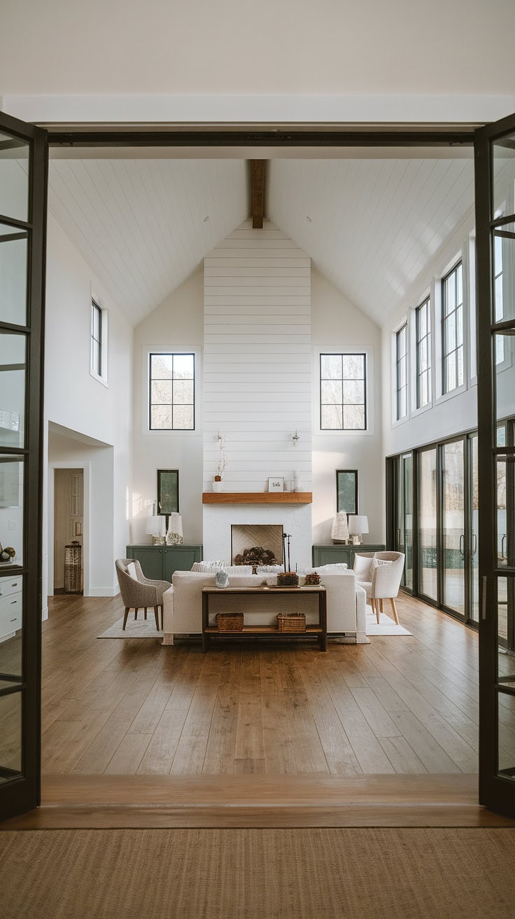 Minimalist decor and fireplace in farmhouse living room