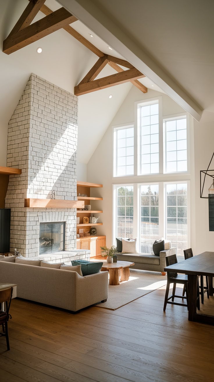 Dramatic stone fireplace with wood mantel in modern farmhouse