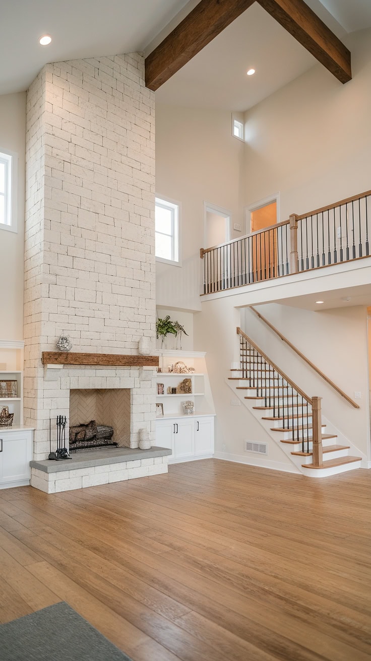 Stone fireplace and vaulted ceiling in rustic modern farmhouse