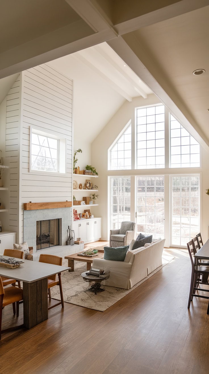 Built-in shelving and fireplace in modern farmhouse