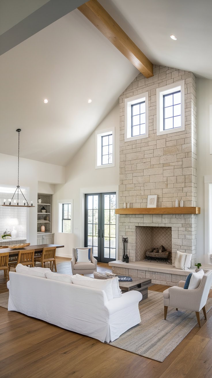 Spacious farmhouse with stone fireplace and open floor plan