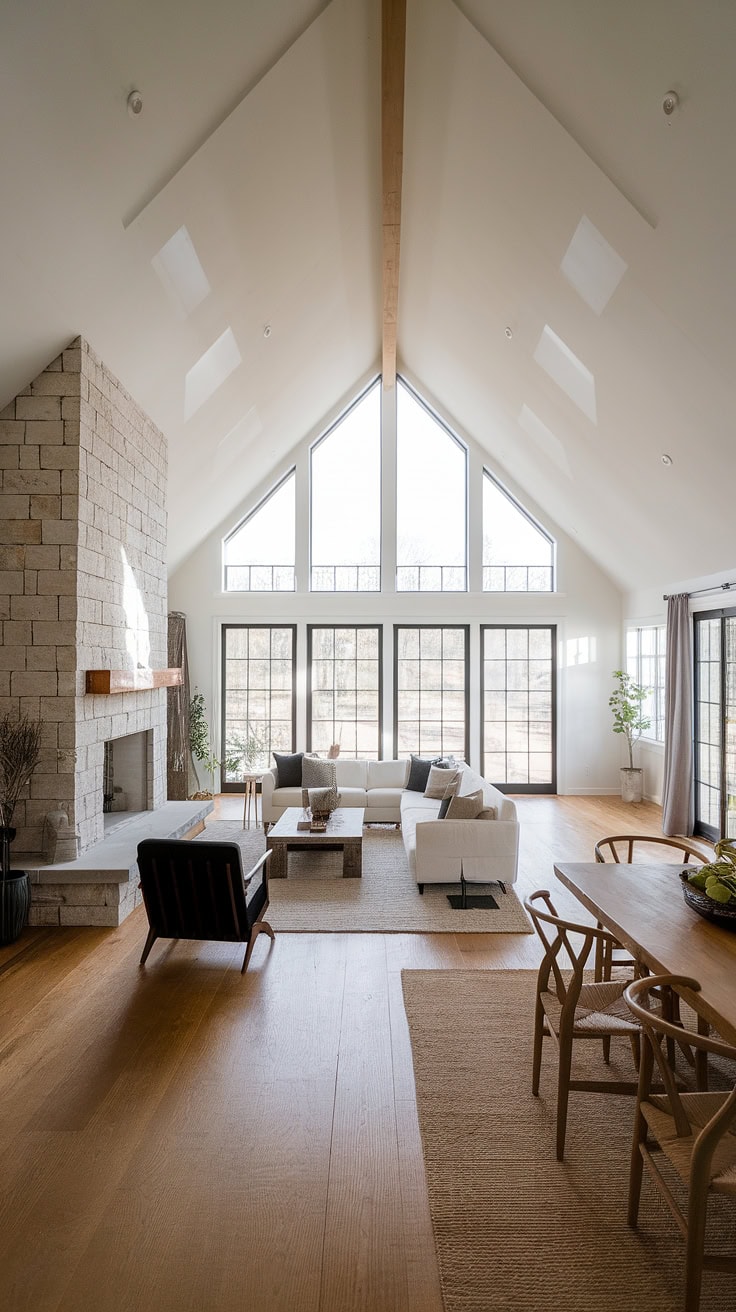 Stone fireplace and minimalist decor in modern farmhouse living room