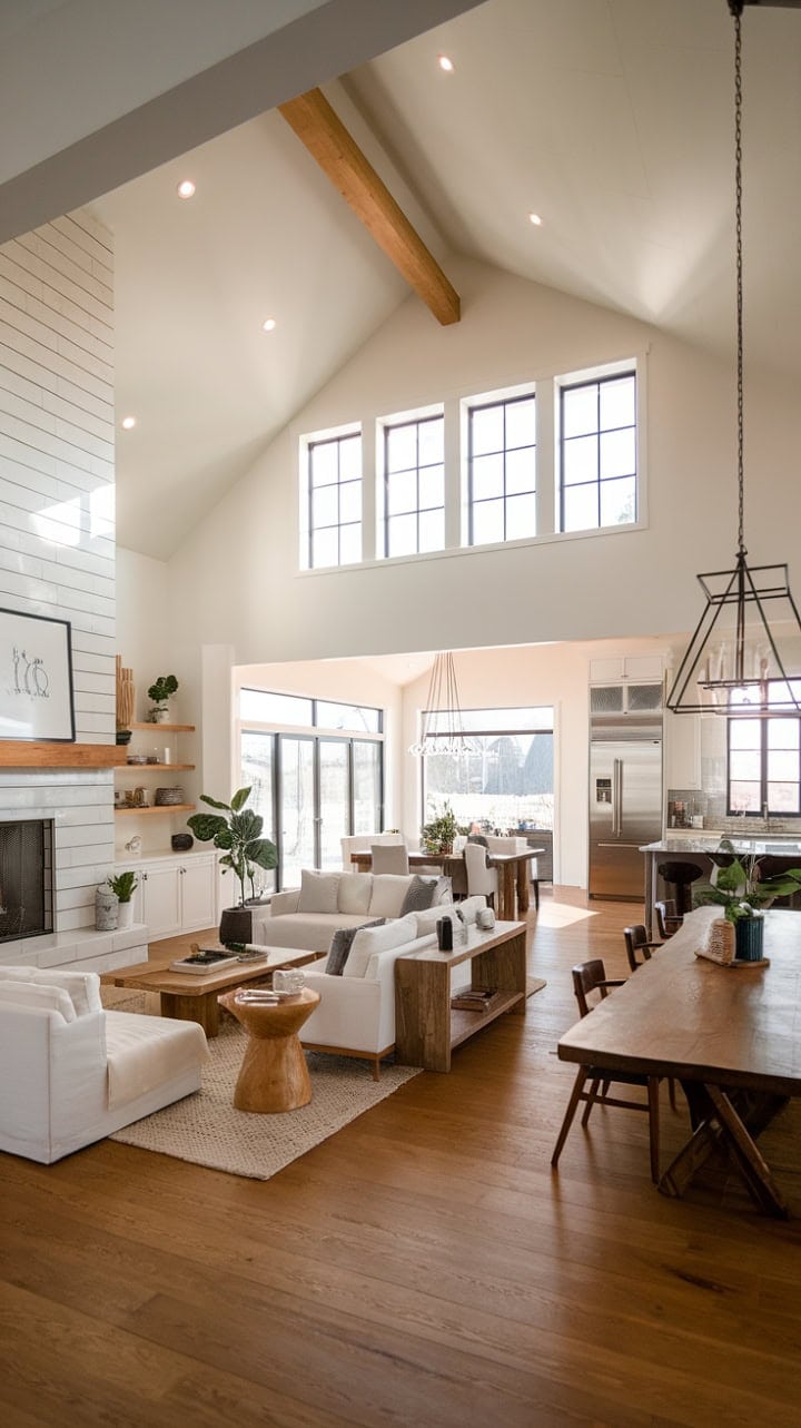 Modern farmhouse with bright open floor plan and fireplace