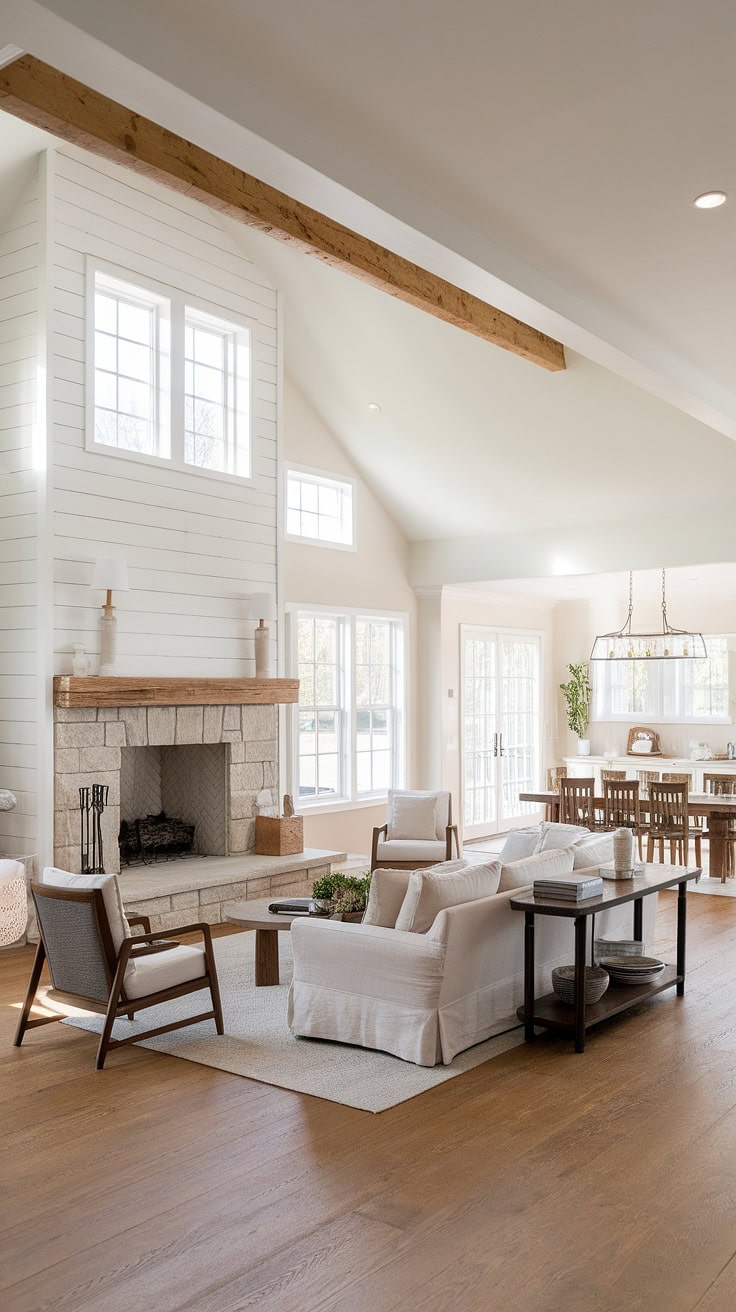 Open living and dining area with natural light and wood accents