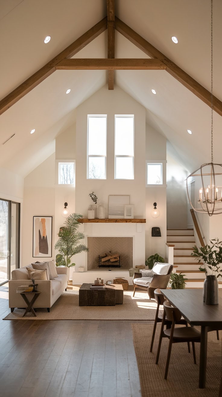 Warm and bright modern farmhouse with fireplace and vaulted ceilings