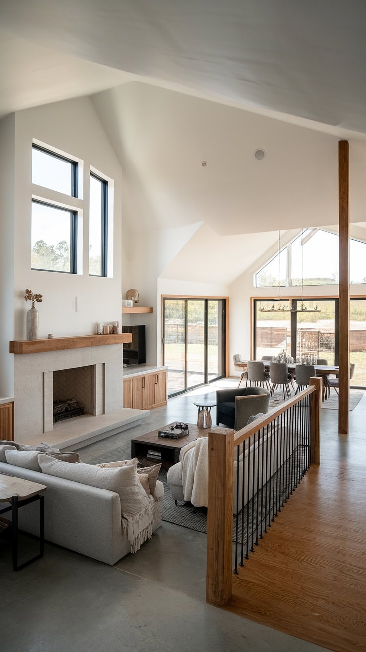 Modern farmhouse with wood floors, minimal decor, and fireplace