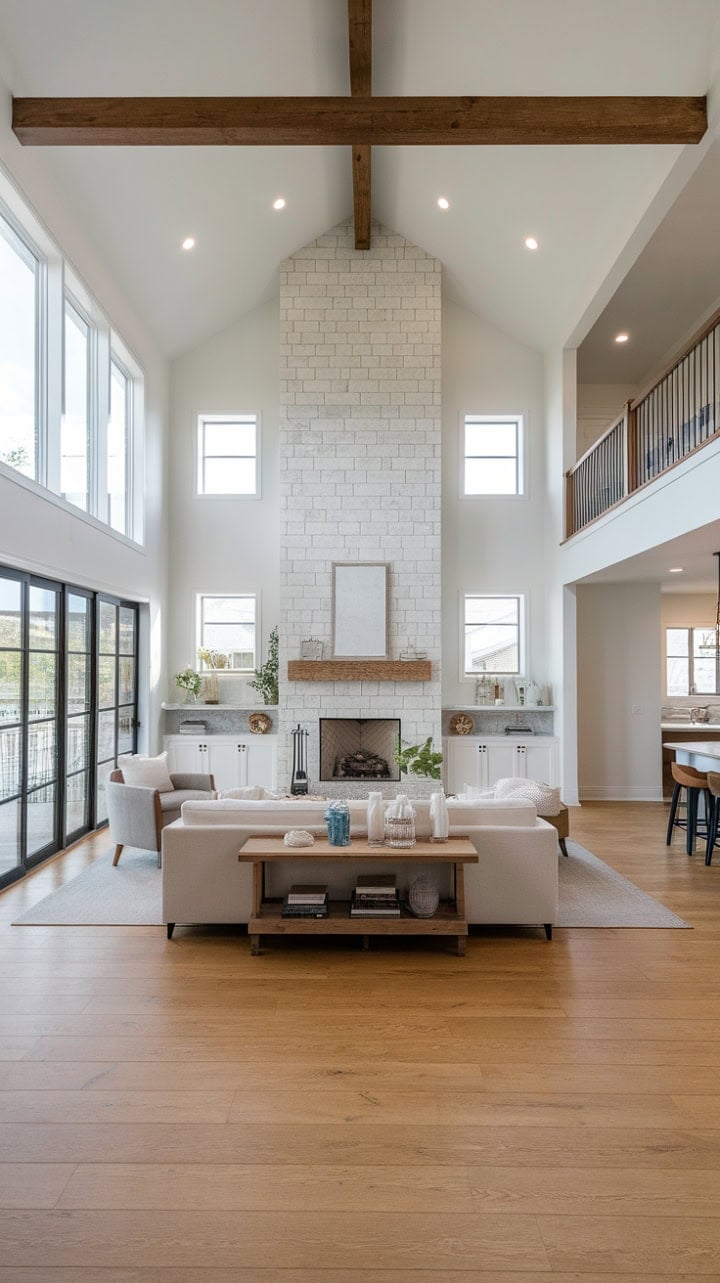 Modern farmhouse with stone fireplace and vaulted ceiling