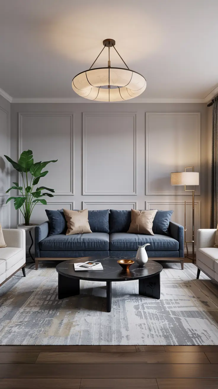 Living room layout with sofa set, coffee table, and lighting