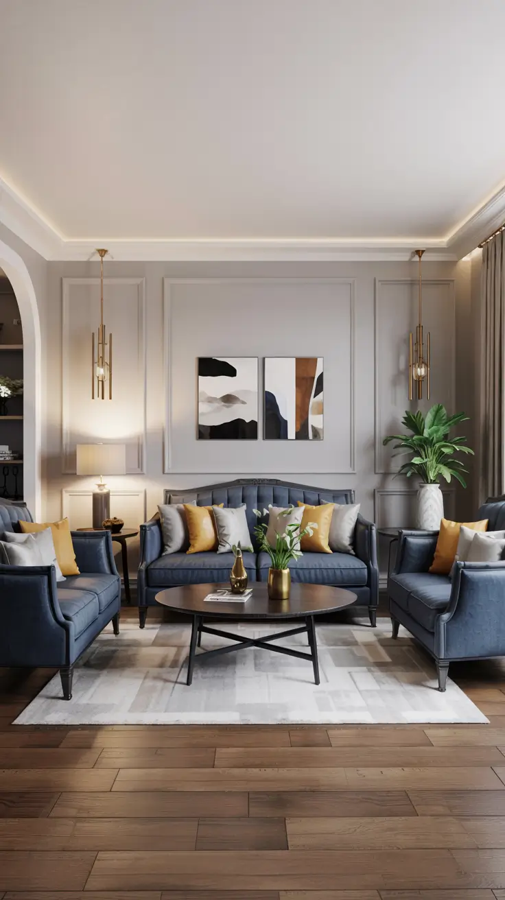 Navy blue sofa in elegant living room