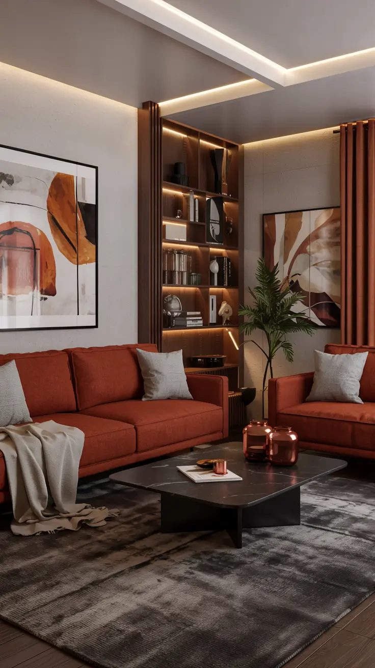 Burnt orange sofa in warm living room