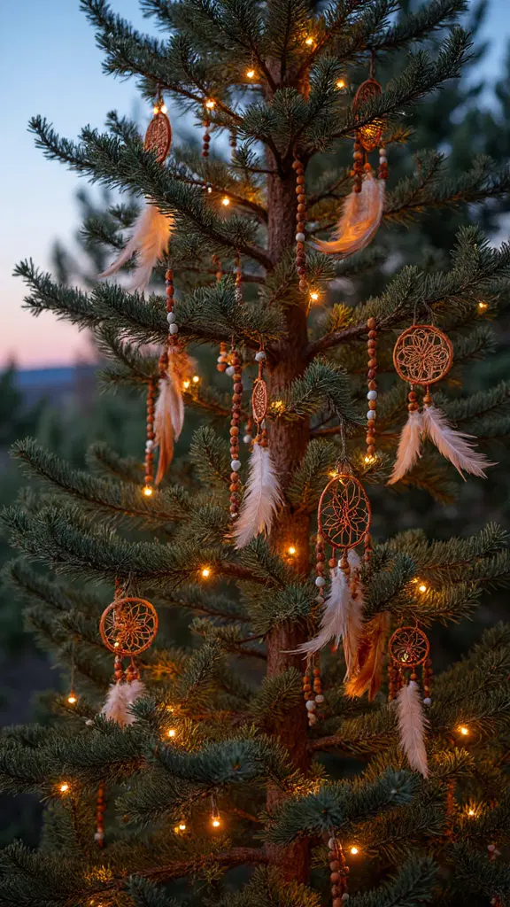 bohemian themed natural outdoor Christmas tree decor
