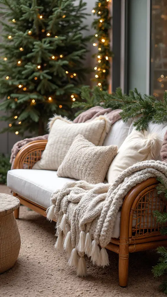 boho outdoor layered cushions and blankets