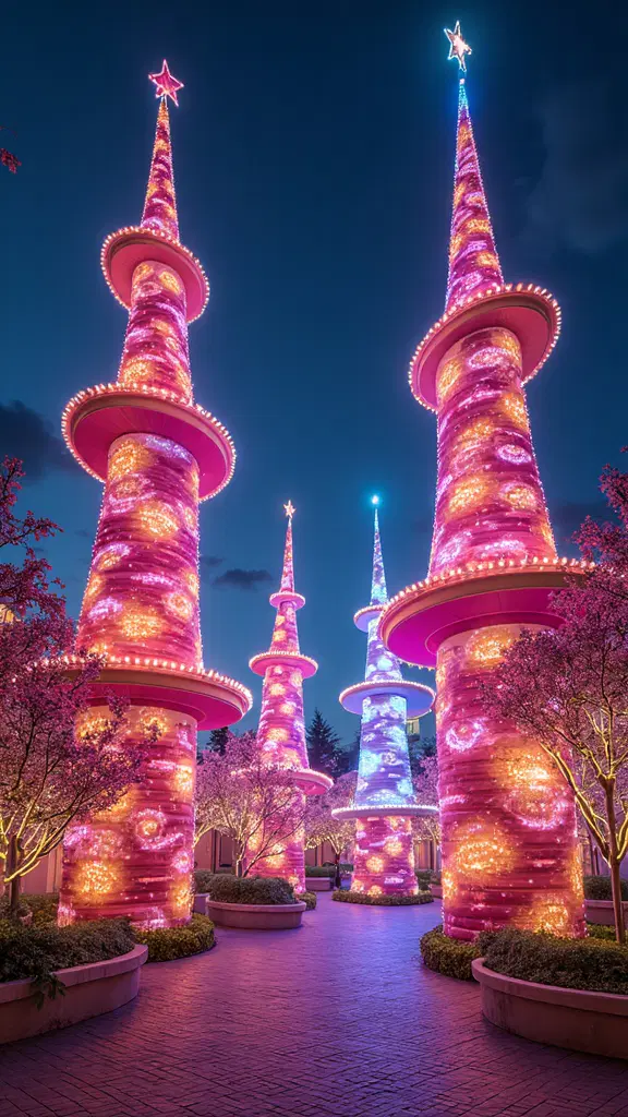 illuminated whimsical towers for Christmas