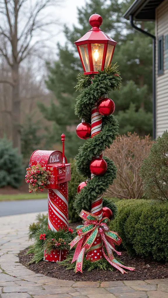 whimsical decorated mailbox and lamppost