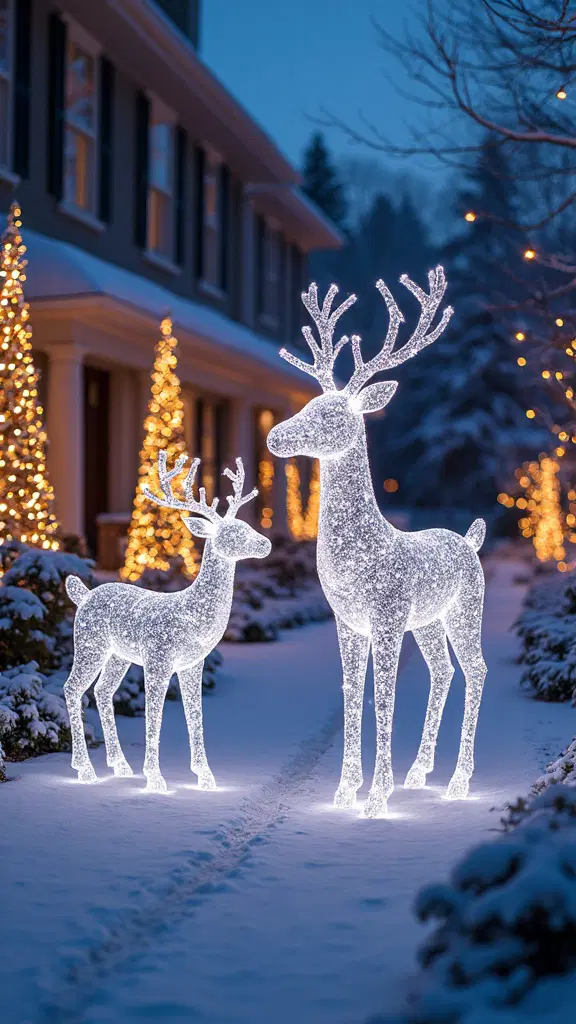 illuminated snowflake and reindeer yard decorations