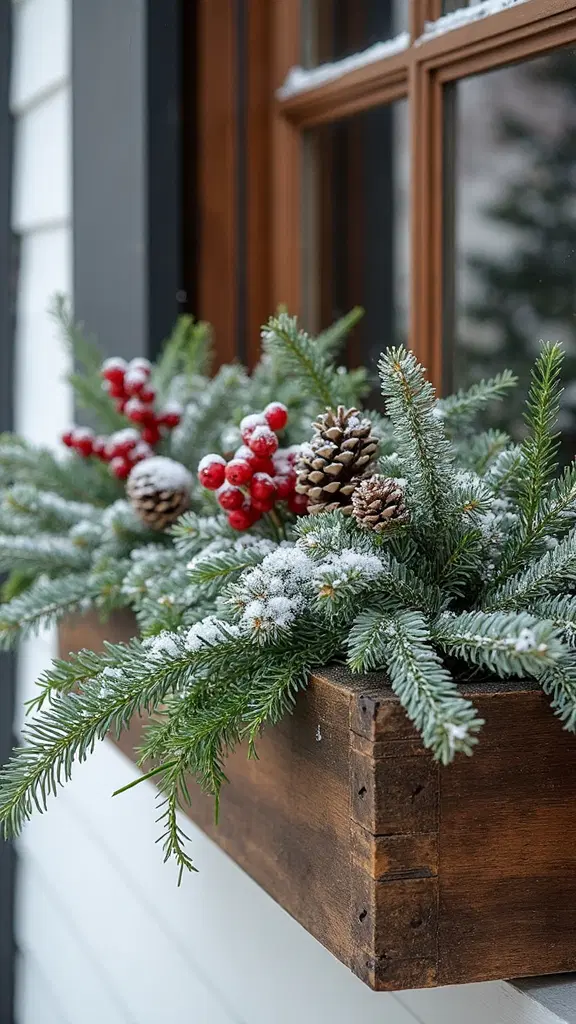 decorated window box with winter greenery