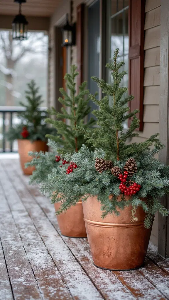 festive holiday greenery planters on porch