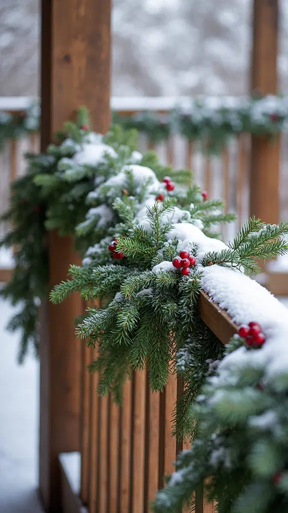 organic holiday garland on outdoor railings