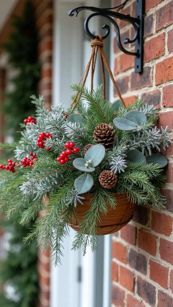holiday hanging baskets with fresh greenery