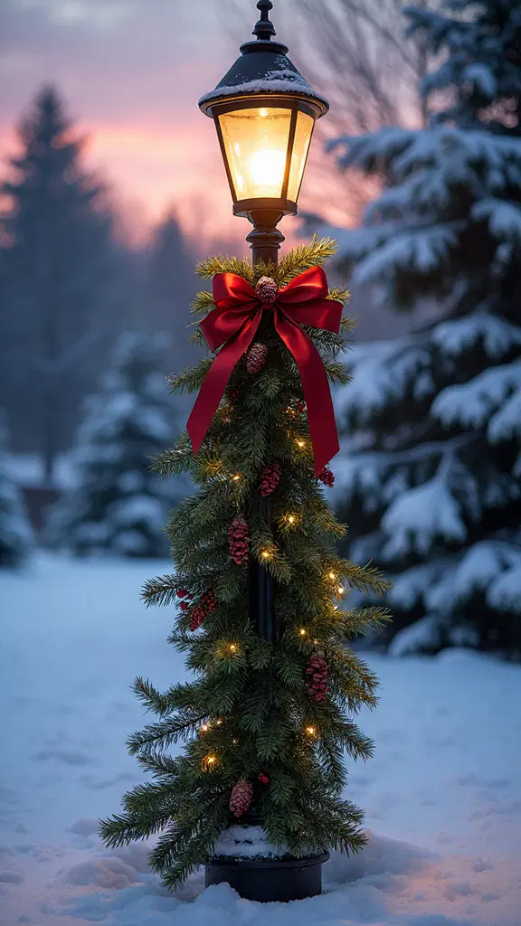 lamp post wrapped with lush holiday greenery