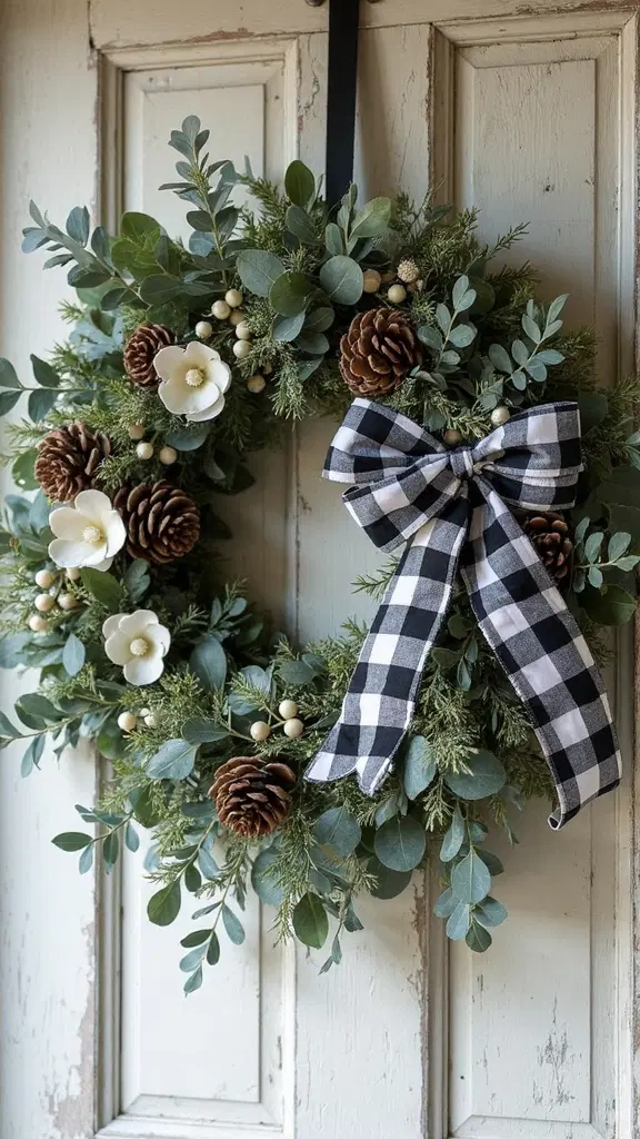 buffalo check ribbon wreath with rustic accents