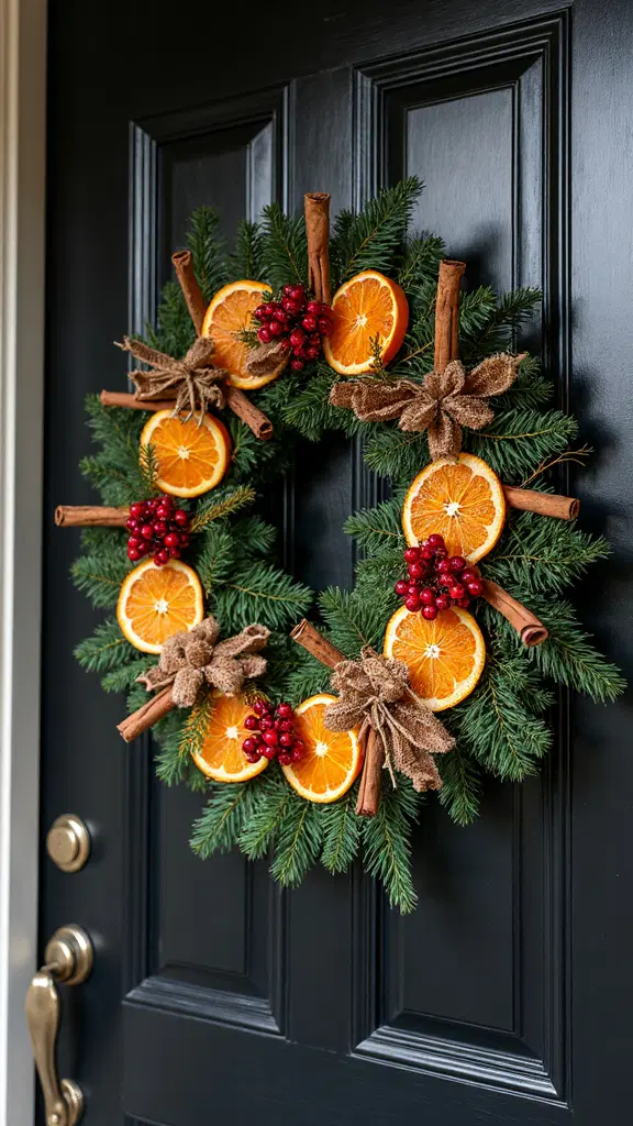 holiday wreath with dried oranges and cinnamon
