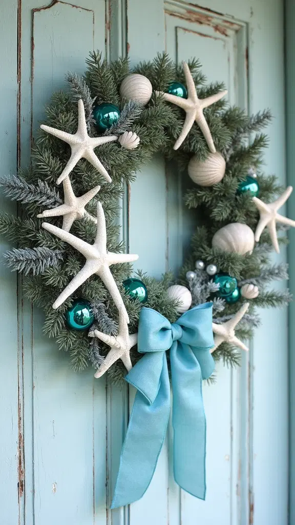 coastal inspired holiday wreath with seashells and driftwood