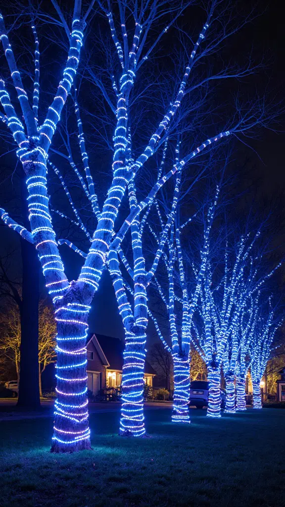 spiral tree trunk wrapped with colorful lights