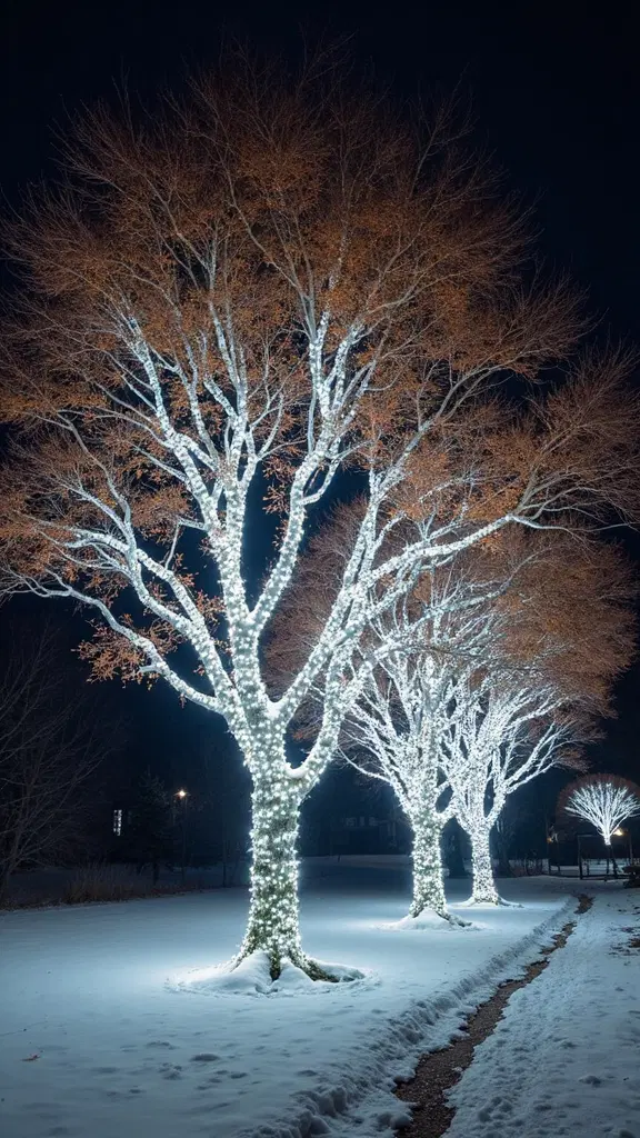 trees wrapped with white lights