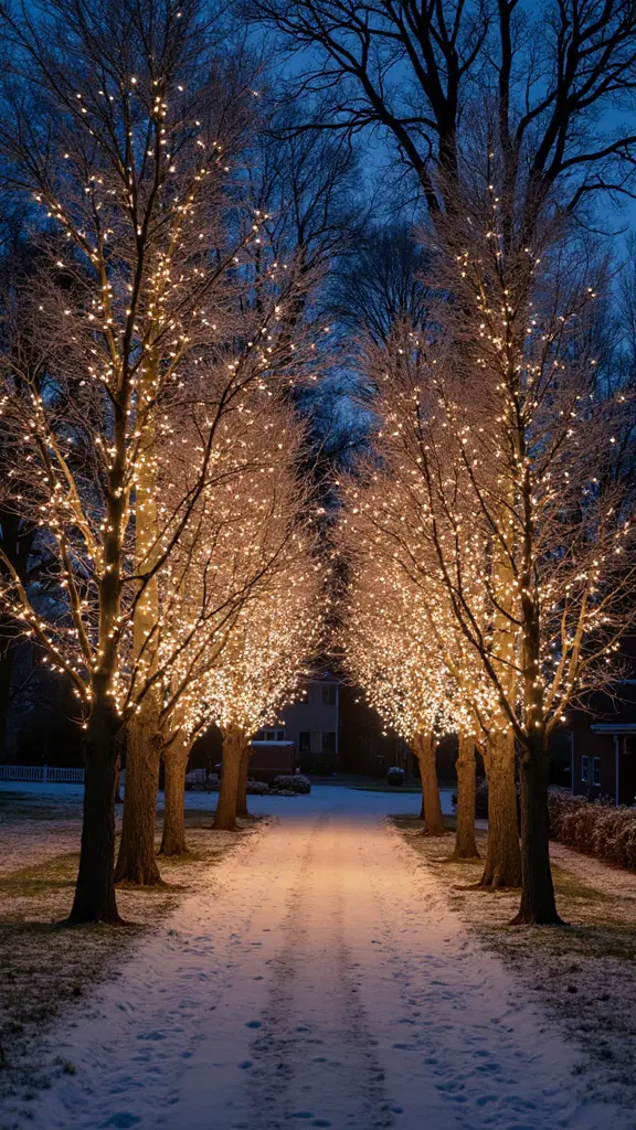twinkling lights cascading from tree canopy