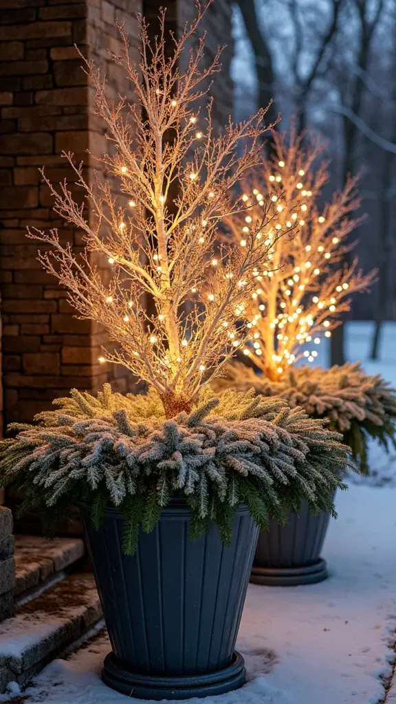 planters glowing with subtle holiday lights