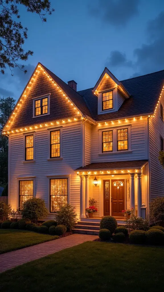 house illuminated by classic white string lights