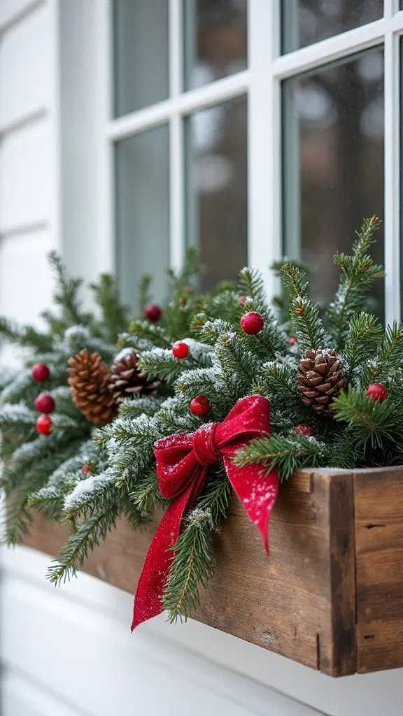 festive window box decorated with greenery