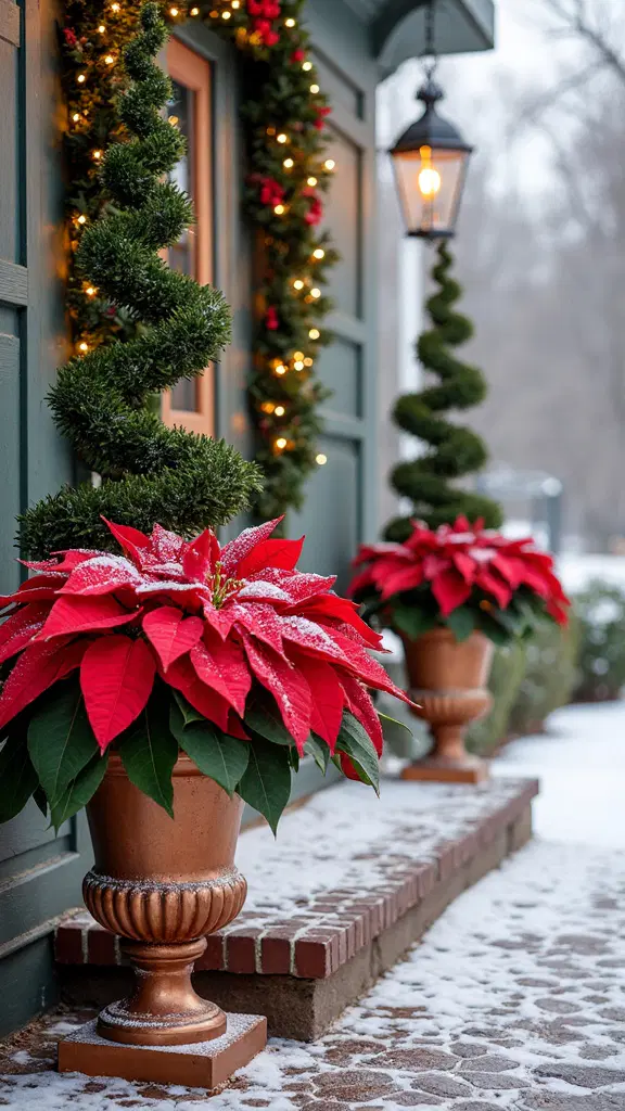 sophisticated outdoor poinsettia and topiary decor